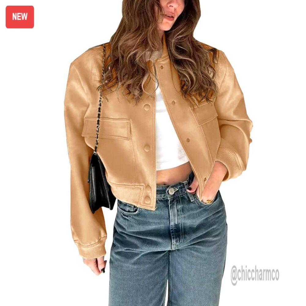 Cropped Bomber Jacket With Button Closure And Sid… - image 1